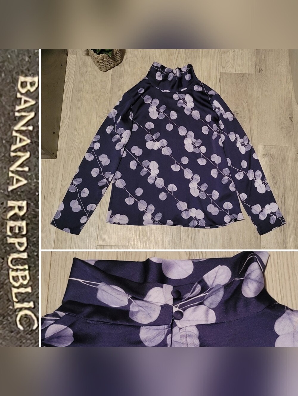 Banana Republic Floral Eucalyptus Mock Neck Long Sleeve Navy Gray Blouse, Small